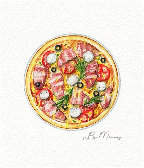 Watercolor pizza on a plate with mozzarella, bacon, olives and tomatoes | Food illustrations ...