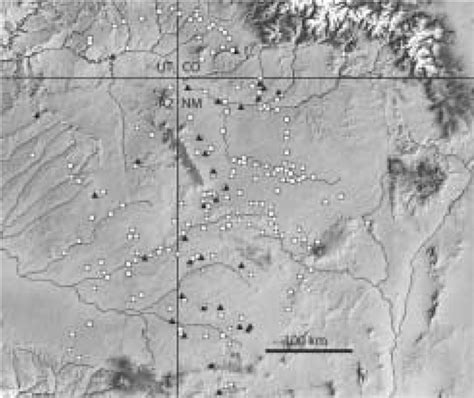 Anasazi great houses in the Four Corners region. The white squares ...