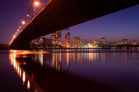 Night City. Beautiful Glowing Bridge Over the River Stock Image - Image ...