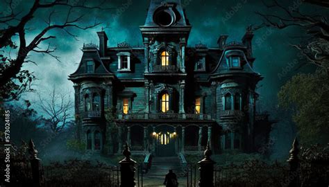 Exterior view of a scary haunted manor by night - genrative ai Stock ...