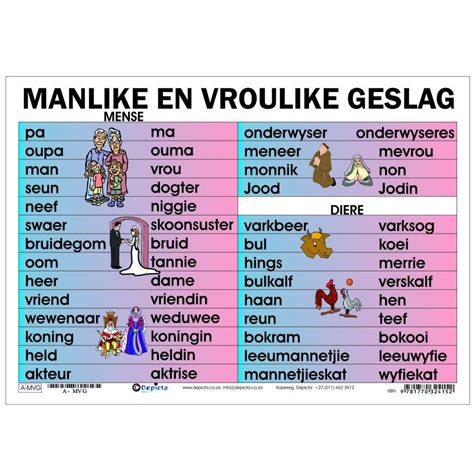 Manlike en Vroulike Geslag Kaarte Wall charts depicting different names ...