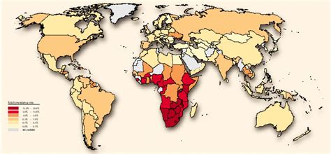 Map of world's AIDS Epidemic. % of Population with AIDS 2001.