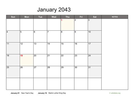 Monthly 2043 Calendar with Notes | WikiDates.org