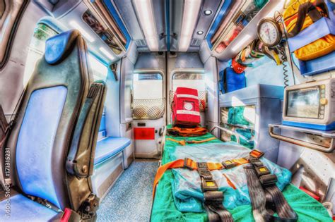 Inside the ambulance, view from the sanitary compartment. Different ...