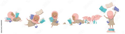 Muslim girl reading a book set Stock Vector | Adobe Stock