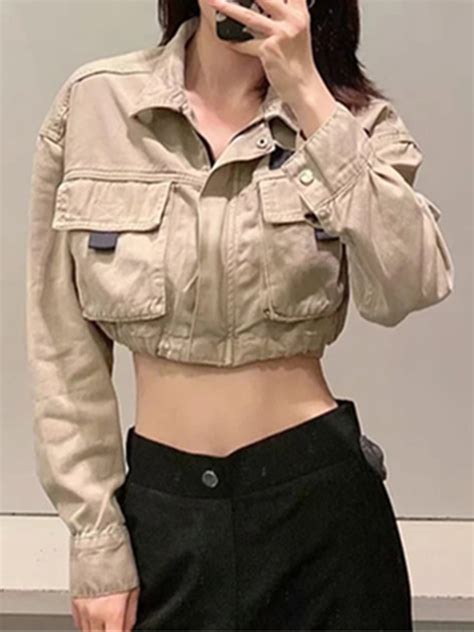 Flap Pocket Zipper Cropped Cargo Jacket