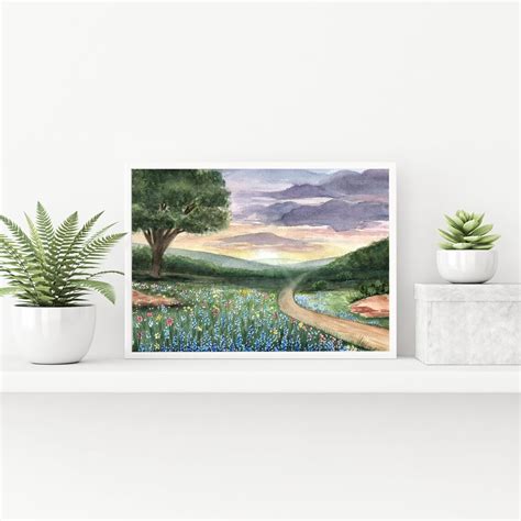 Texas Landscape Watercolor Wall Art Bluebonnet Art Nature - Etsy