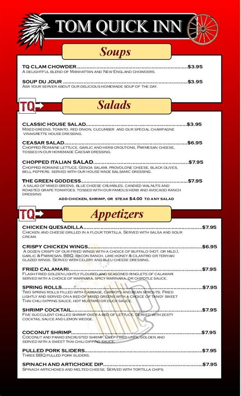 Tom Quick Inn Restaurant Menu Milford,PA