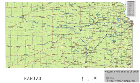 Kansas state route network map. Kansas highways map. Cities of Kansas, main routes, rivers ...