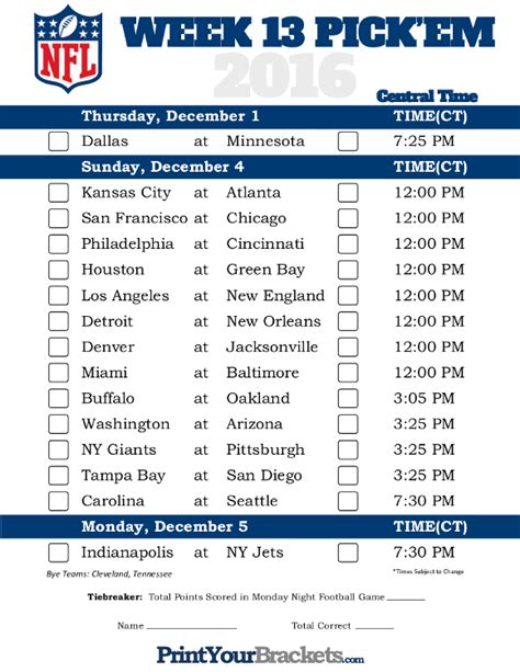 Central Time Week 13 NFL Schedule 2016 - Printable