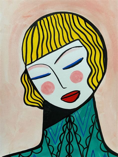 a painting of a woman's face with blue eyes and blonde hair, on a pink ...