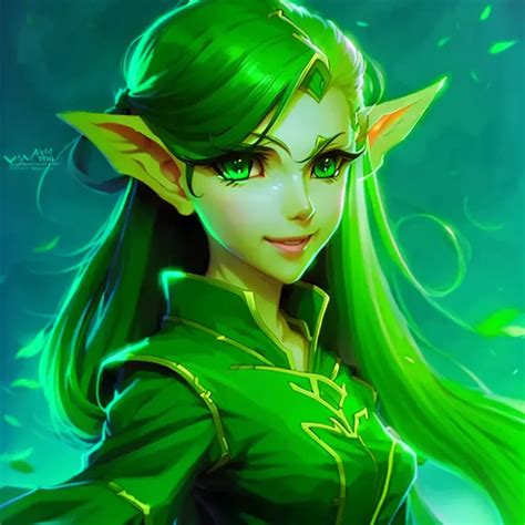 cute Female goblin with Green Skin, dreamy eyes, bea...