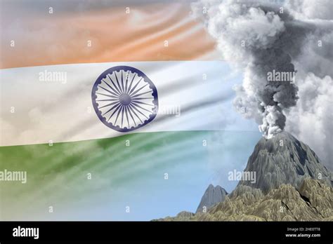 volcano blast eruption at day time with white smoke on India flag ...