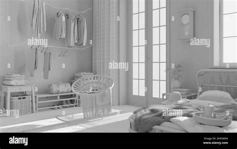 Total white project draft, boho chic farmhouse bedroom with rattan bed ...