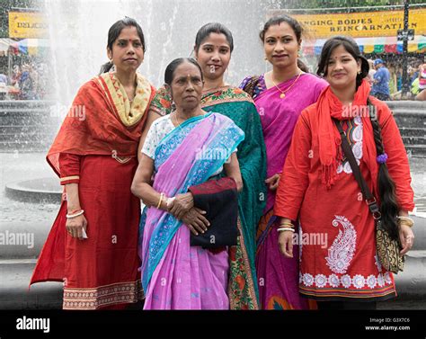 5 women from Bangladesh in traditional dresses in Washington Square ...