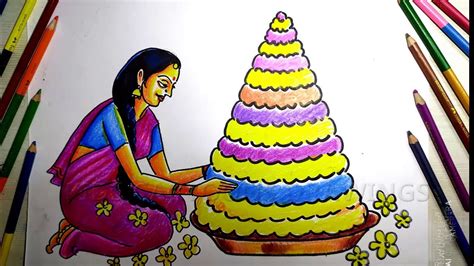 How to Draw Telangana Women Making Bathukamma Drawing / bathukamma ...