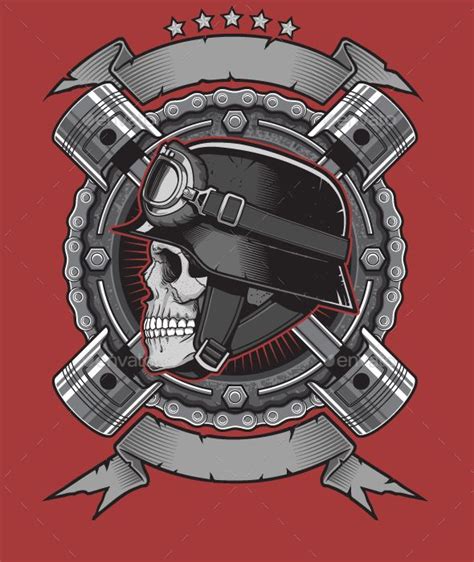 a skull wearing a motorcycle helmet with two wrenches and stars around it on a red background