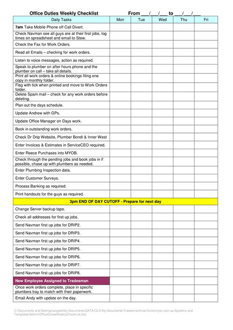 Weekly Office Checklist | Templates at allbusinesstemplates.com