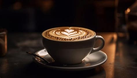 Premium AI Image | Frothy coffee cup on wood table heart shaped foam art generated by AI