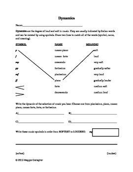 Dynamics Worksheet Grades 3-8 by Maggie's Muses | TpT