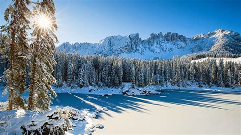 Lago di Carezza, Dolomites, Italy, snow, winter, ise, trees, sky, sun ...