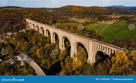 Aerial of Historic Tunkhannock Railroad Viaduct - Autumn Colors - Pennsylvania Stock Photo ...