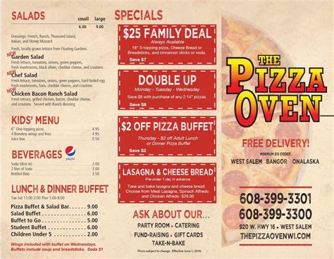 Menu at The Pizza Oven pizzeria, West Salem, 920 US Highway 16