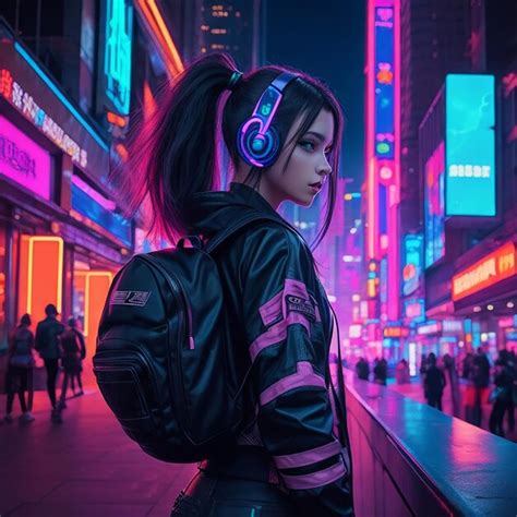 Premium AI Image | megapolis cyberpunk girl neon lights