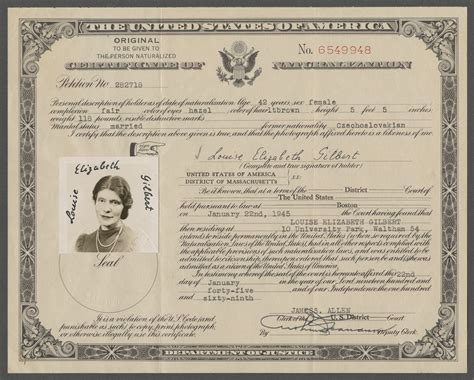 Certificate of Naturalization issued to Louise Elizabeth Gilbert (previously Goldschmied ...