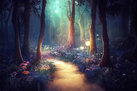 Premium Photo | Enchanted forest at night in sparkling lights ...