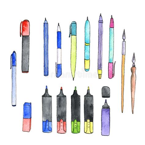 Stationery, Art Materials, Set of Pens and Pencils Stock Illustration ...