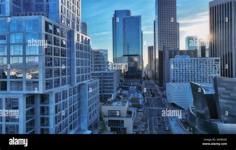 Los Angels city center. Los angeles aerial view, with drone. Los Angeles downtown skyline ...