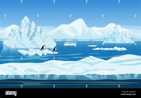 Cartoon nature winter arctic ice landscape with iceberg, snow mountains hills and penguins ...