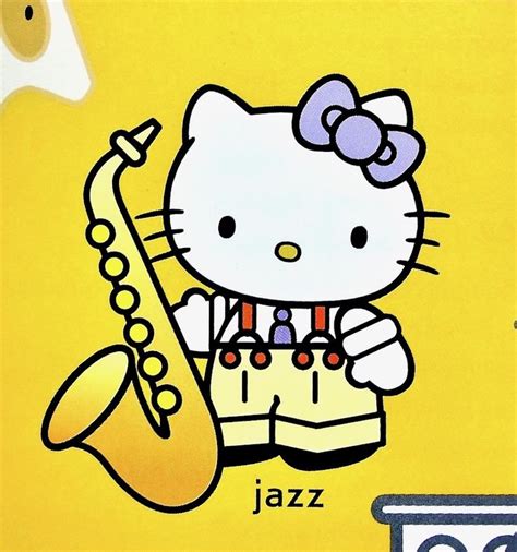 a hello kitty playing the saxophone on a yellow background