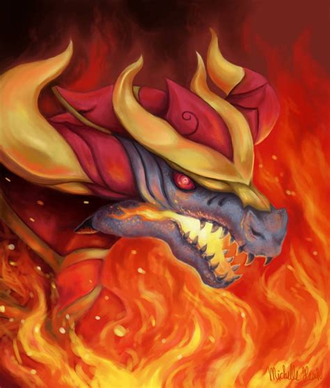 a painting of a dragon with flames in the background