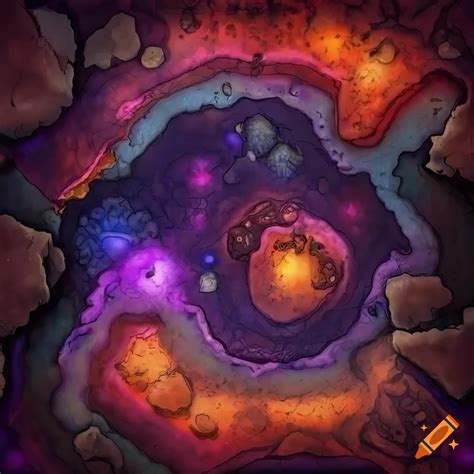 Intricately detailed fantasy map of a cavern with purple gemstones in a mine setting on Craiyon