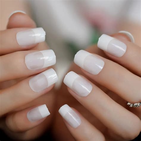 French Nails Medium Flat Jade White Nails Simple Shiny Fake Nail Tips with Adhesive Taps 24pcs ...