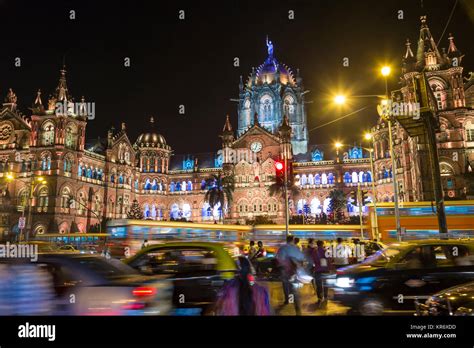 Illuminated Chhatrapati Shivaji Maharaj Terminus (CSMT) formerly known as Victoria Terminus ...