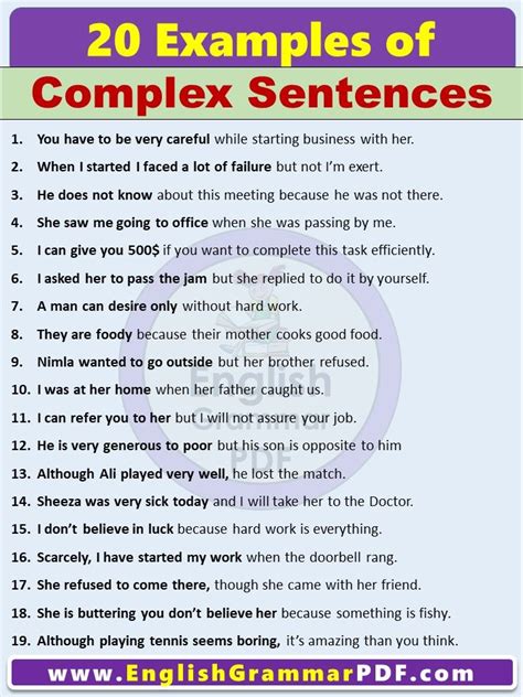 20 Most common Complex Sentences Examples in English PDF | Complex sentence examples, Sentence ...