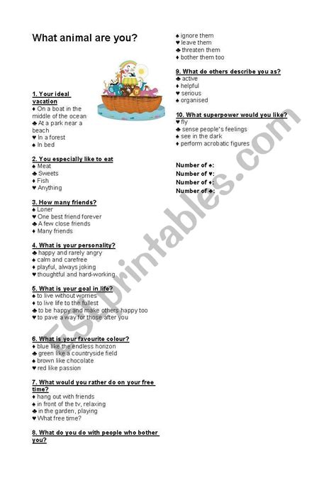 Personality Quiz : What animal are you? - ESL worksheet by Obiwanne