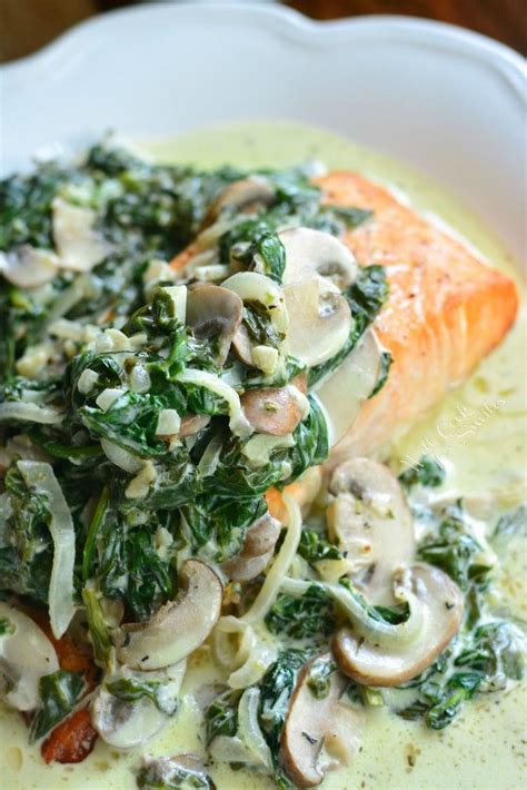 Salmon Florentine. Baked salmon and topped with creamy spinach and mushrooms. willcookforsmiles ...