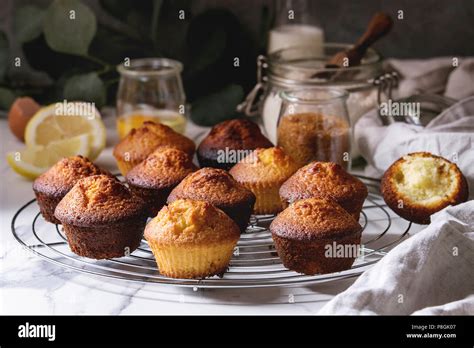 Fresh baked homemade lemon cakes muffins standing on cooling rack with ...