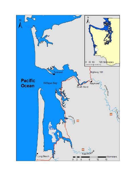 Map of study area, showing Willapa Bay, Willapa River, and hatcheries ...