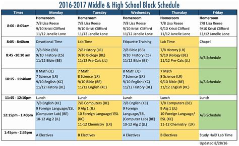 High School Schedule Template Unique Block Schedule for Middle & High School – Faith Christian ...