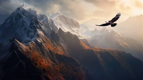 a stunning desktop wallpaper featuring a majestic eagle soaring high above a rugged mountain ...