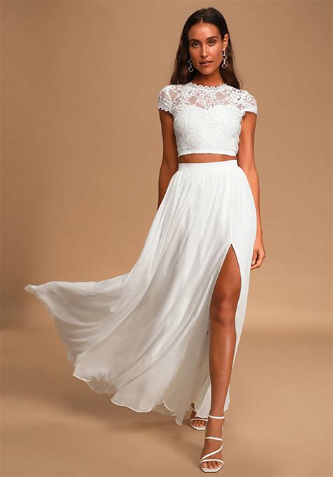 Sweet Stunner White Lace Two-Piece Maxi Dress A-line Wedding Dress by Lulus Bridal - WeddingWire.com