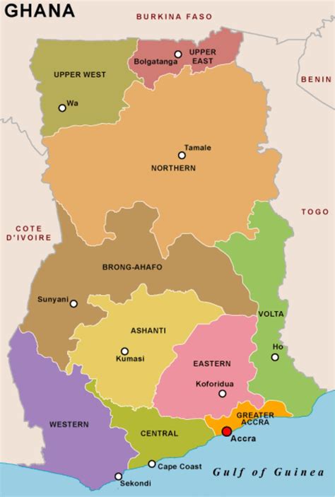 Ghana regions map - Ghana map and regions (Western Africa - Africa)