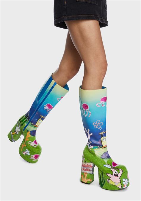 Dolls Kill x SpongeBob Fishing Print Knee High Platform Boots