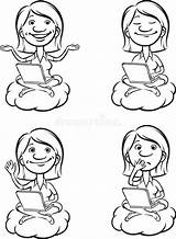 Whiteboard Drawing  Cartoon woman On A Cloud With Laptop Stock Vector sketch template