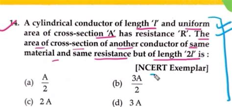 A cylindrical conductor of length ' l ' and uniform area of cross-section..